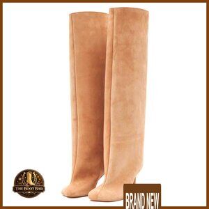 Suede Knee High Boots Wide Calf Square Toe Slouchy Fashion Booties Chic